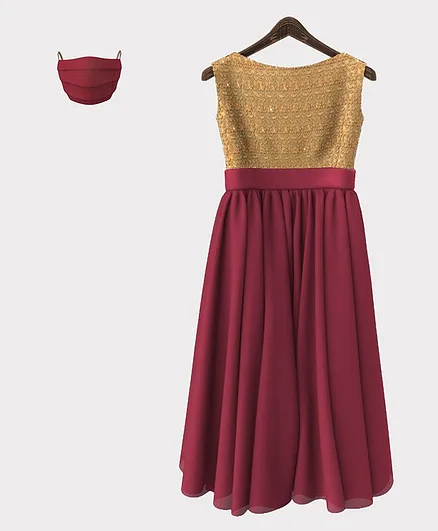 HEYKIDOO Sleeveless Floral Embroidered Gown With Matching Mask - Maroon