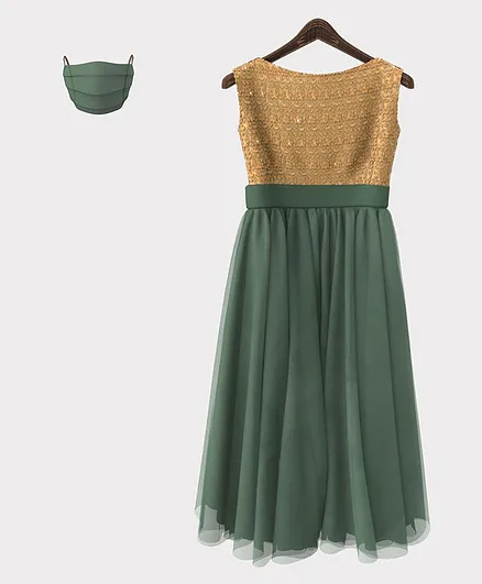HEYKIDOO Sleeveless Floral Embroidered Gown With Matching Mask - Green