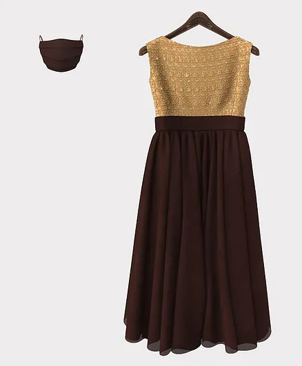 HEYKIDOO Sleeveless Floral Embroidered Gown With Matching Mask - Brown