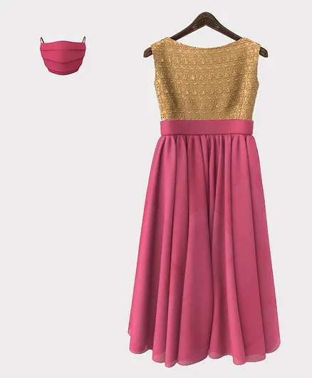 HEYKIDOO Sleeveless Floral Embroidered Gown With Matching Mask - Pink