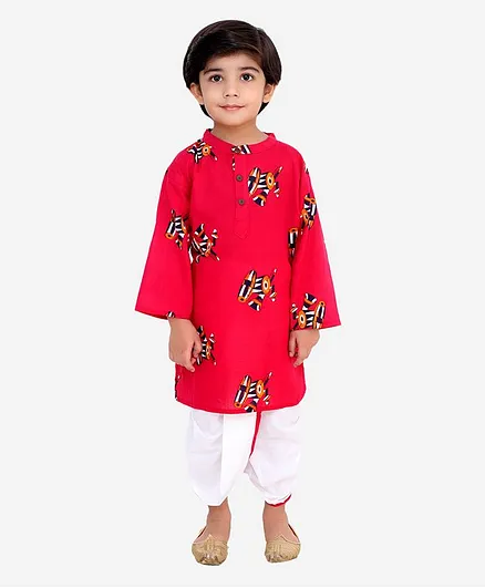 Chipbeys Full Sleeves Dhol & Tabla Printed Kurta & Dhoti Set - Red