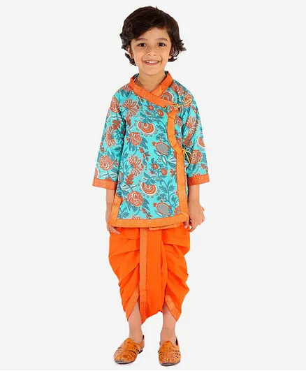 Chipbeys Full Sleeves Floral Print Angrakha Kurta & Dhoti Set - Orange