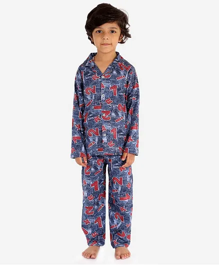Chipbeys Full Sleeves All Over Letters Printed Night Suit - Blue