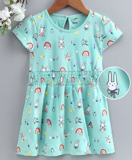 Cucumber Half Sleeves Frock Bunny Print - Blue
