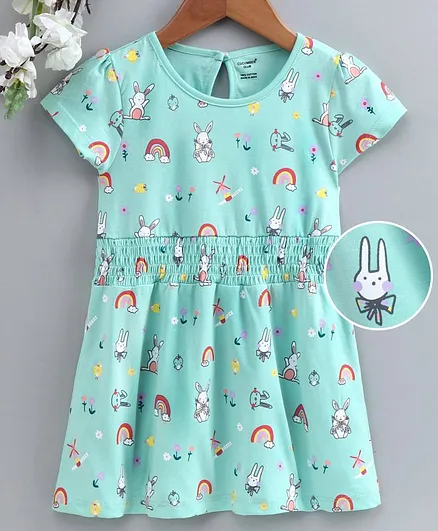 Cucumber Half Sleeves Frock Bunny Print - Blue