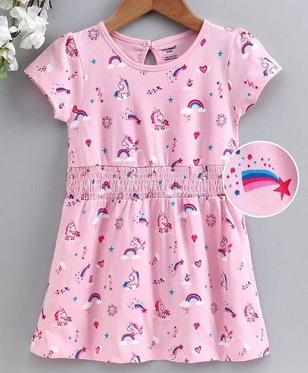 Cucumber Half Sleeves Frock Unicorn Print - Pink