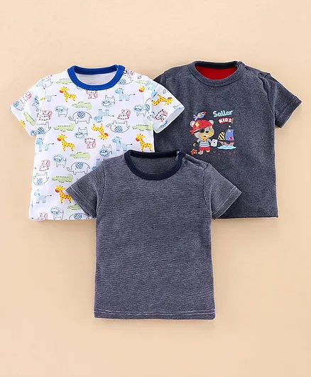 Kidi Wav Pack Of 3 Half Sleeves Animal Print T-Shirt - Navy Blue