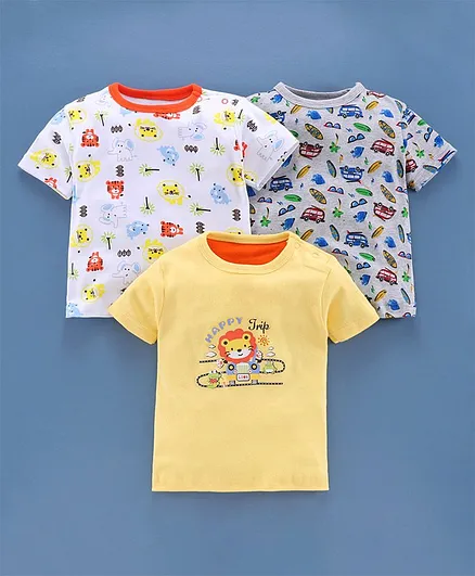 Kidi Wav Pack Of 3 Half Sleeves Vehicle Print T-Shirt - Yellow