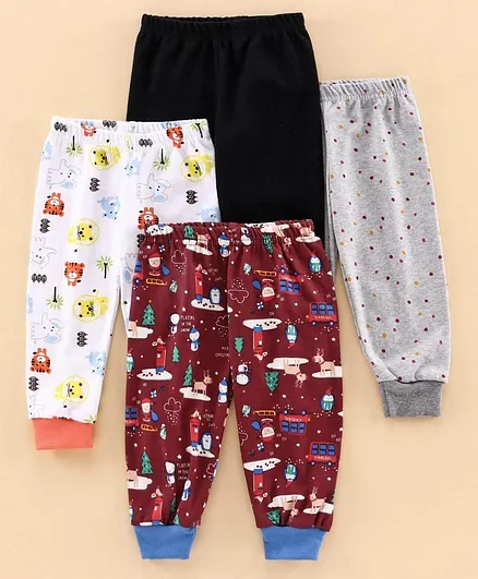 Kidi Wav Animals Print Full Length Pack Of 4 Pyjama - Red