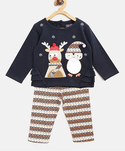 Nauti Nati Full Sleeves Snow Man Patch T-Shirt With Pant Cotton Set - Navy