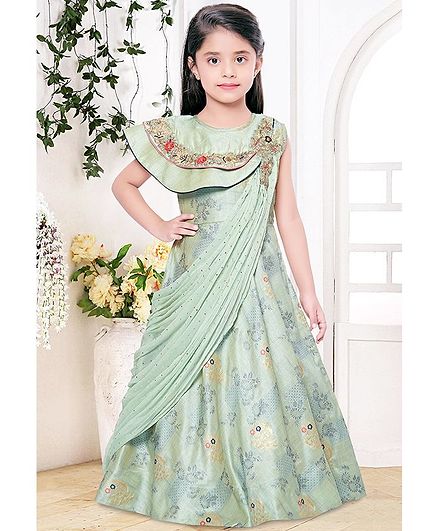 Fiona Sleeveless Flower Design Long Dupatta Gown - Green
