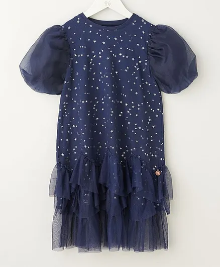 Angel & Rocket Half Sleeves Star Print Layla Dress - Navy