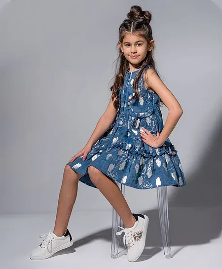 Angel & Rocket Sleeveless Flower Printed Flared Dress - Blue