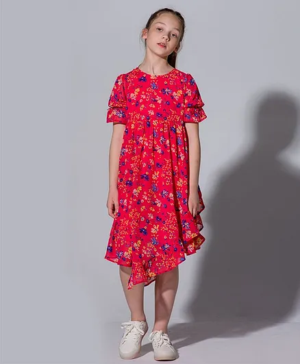Angel & Rocket Half Sleeves Floral Print Dress - Red
