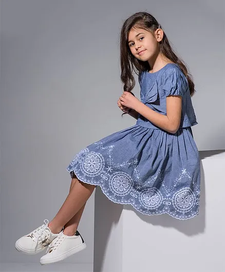 Angel & Rocket Short Sleeves Flower Embroidery Detailing Dress - Blue