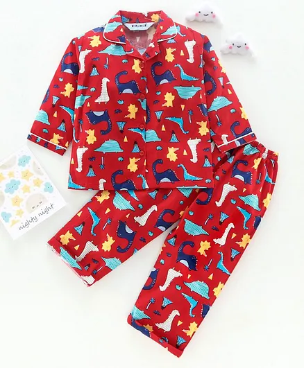 Enfance Core Full Sleeves Dinosaur Printed Night Suit - Red