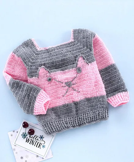 Enfance Core Cat Applique Full Sleeves Sweater - Grey