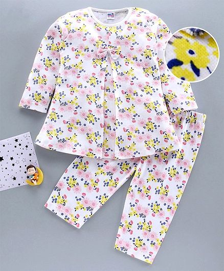 Ben Benny Full Sleeves Night Suit Floral Print - White