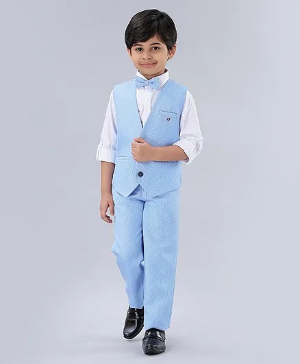 Robo Fry 3 Piece Full Sleeves Party Suit With Bow - Blue White