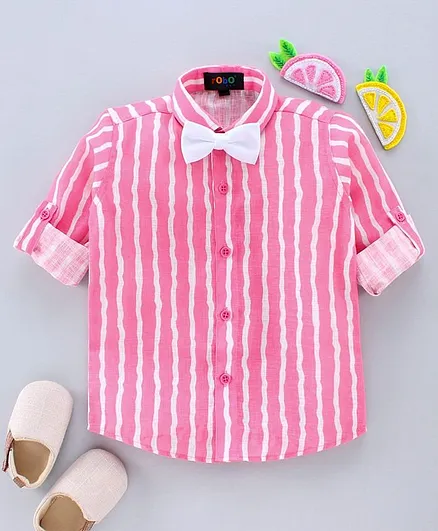 Robo Fry Full Sleeves Shirt with Bow Striped - Pink