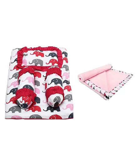 Soul Fiber 100% Cotton Baby Bedding Set with Blanket Elephant Print - Red