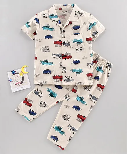 Smarty Half Sleeves Vehicle Printed Night Suit - White