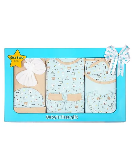 1st Step 100% Cotton Baby Gift Set Bear Print Light Blue - Pack of 8