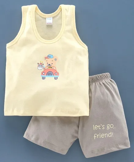 Tango Sleeveless Innerwear Set Teddy In Car Print - Yellow Grey
