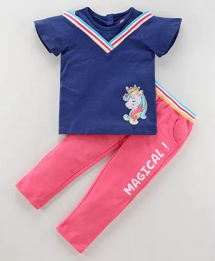 Babyhug Cold Shoulder Top & Leggings Unicorn Print - Navy Blue Pink