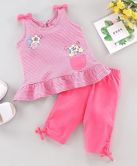 Babyhug Sleeveless Striped Top and Capri Set Floral Embroidery - Pink