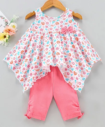 Babyhug Singlet Sleeves Top & Capri Set Star Print - Pink