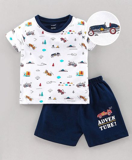 Cucumber Half Sleeves T-Shirt & Shorts Car Print - Navy Blue White