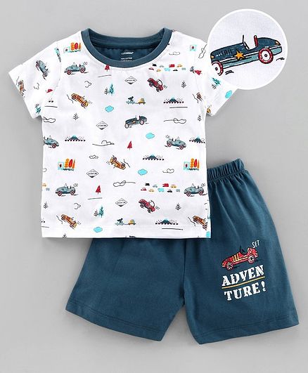 Cucumber Half Sleeves T-Shirt & Shorts Car Print - Blue White