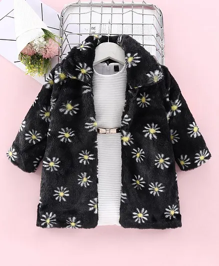 Enfance Full Sleeves Floral Print Jacket With Dress - Black & White