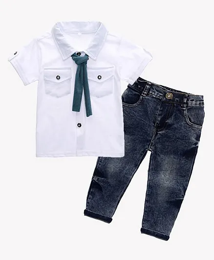 Kookie Kids Half Sleeves Shirt & Jeans With Tie - White Black8630388
