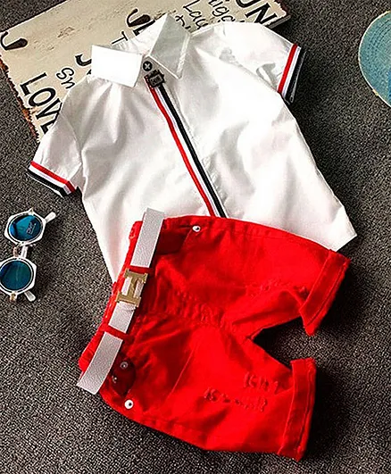Kookie Kids Half Sleeves Shirt & Shorts With Belt - White Red