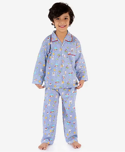 KID1 Full Sleeves Teddy Print Night Suit - Blue