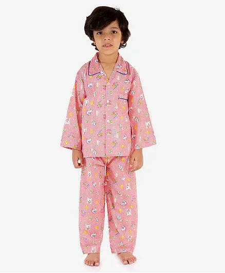 KID1 Full Sleeves Teddy Print Night Suit - Pink