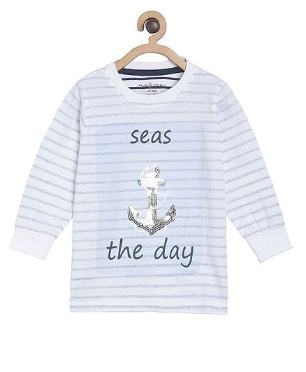 Tales & Stories Full Sleeves Striped & Sequined Tee - White