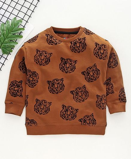 Ventra Full Sleeves Tiger Flock Print Sweatshirt - Brown