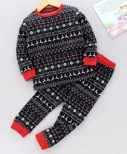 Ventra Full Sleeves Christmas Theme Print Night Suit - Black
