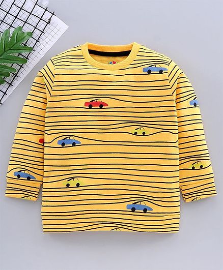 Ventra Full Sleeves Striped & Cars Print Sweatshirt - Yellow