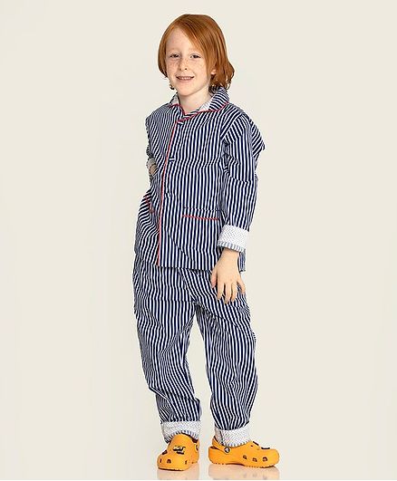 Cherry Crumble by Nitt Hyman Full Sleeves Striped Night Suit - Blue