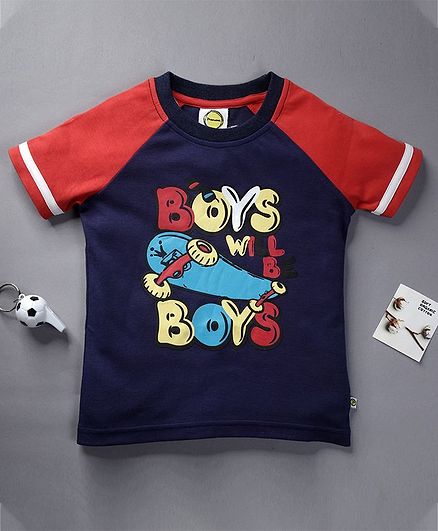Pranava Organic Cotton Half Sleeves Boys Will Be Boys Print T-Shirt - Navy Blue