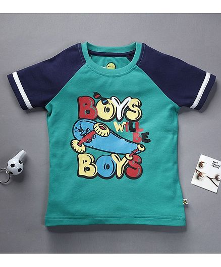 Pranava Organic Cotton Half Sleeves Boys Will Be Boys Print T-Shirt - Mint Green