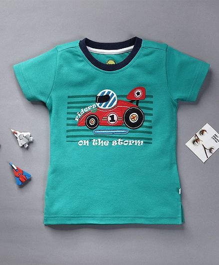 Pranava Organic Cotton Half Sleeves Racing Car Patch T-Shirt - Mint Green