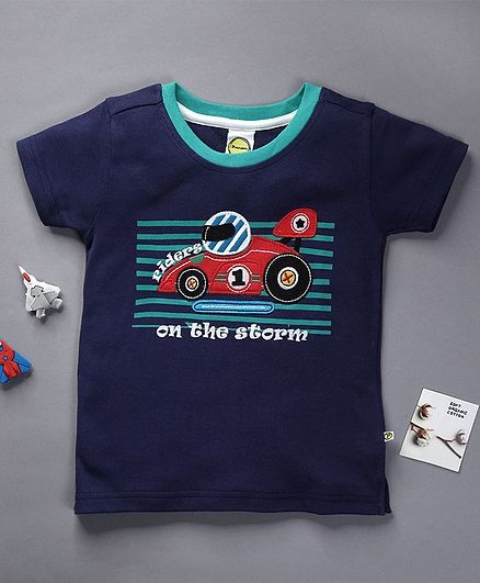 Pranava Organic Cotton Half Sleeves Racing Car Patch T-Shirt - Navy Blue