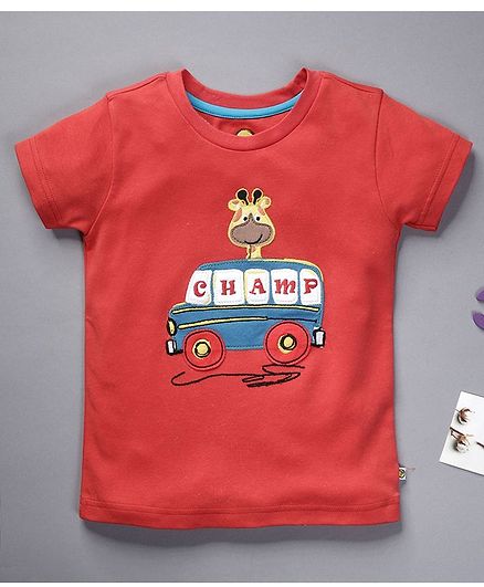 Pranava Organic Cotton Half Sleeves Giraffe & Vehicle Patch T-Shirt - Red