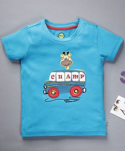 Pranava Organic Cotton Half Sleeves Giraffe & Vehicle Patch T-Shirt - Blue
