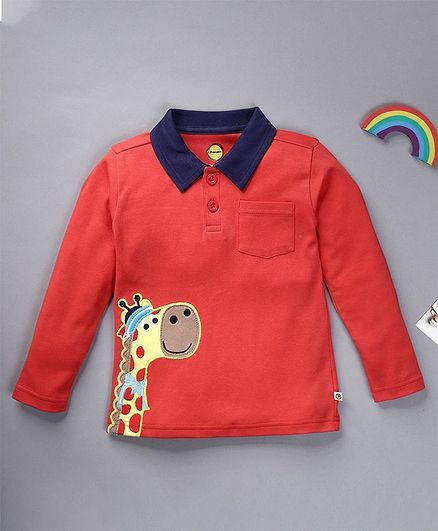 Pranava Full Sleeves Organic Cotton Giraffe Patch Detailing Tee - Red